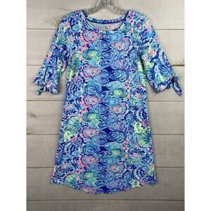 Lilly Pulitzer Dress Womens XS Blue Floral Tropical Slit Tie Sleeve Shift Shirt